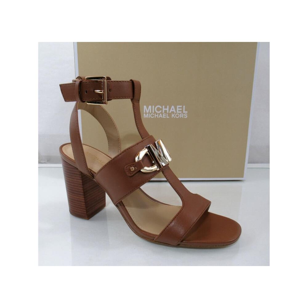 Michael Kors Izzy T-Strap Sandal Embellished Leather Luggage Brown